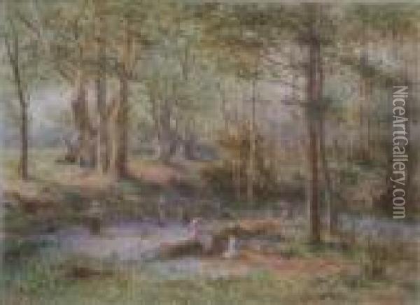 Children Picking Bluebells Oil Painting - James Georges Bingley