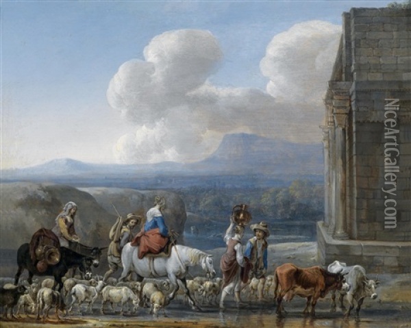 Hirten Und Reisende In Der Romischen Campagna Vor Einem Triumphbogen Oil Painting - Jan van den Hecke the Elder
