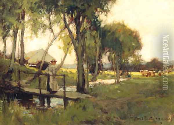 And A Girl On A Bridge Over A Stream Oil Painting - Adam Edwin Proctor