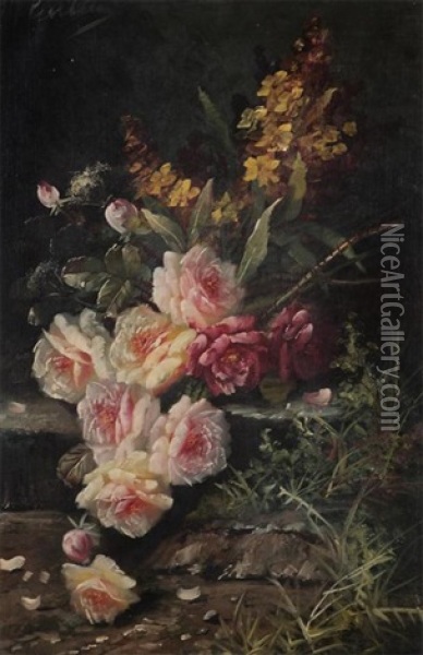 Still Life With Roses On The Landing Oil Painting - Max Carlier