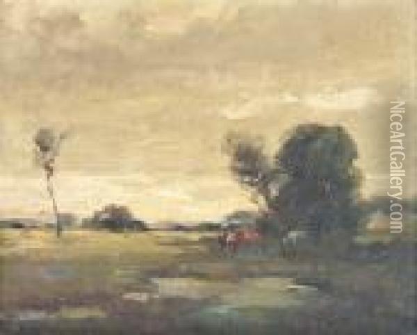 Cows In The Watermeadows, Barnham Broom, Norfolk Oil Painting - Edward Chappel