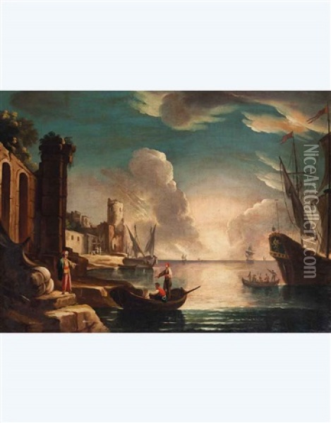 Paesaggio Con Rovine, Barche E Figure Oil Painting - Pietro Antoniani