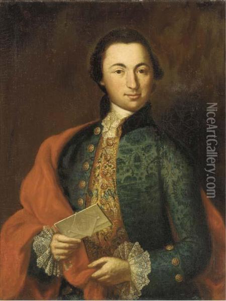 Portrait Of Josephus Casparus De Jaquemod, Aged Twenty-nine,half-length, In A Blue Brocade Coat, Gold-embroidered Waistcoat Andwhite Lace Shirt, A Letter In His Left Hand; And Portrait Of Mariaanna De Jaquemod, Aged Twenty-two, Half-length, In A Blue Dres Oil Painting - Andreas Holzl