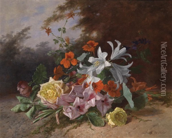 Blumenstuck Mit Rosen, Gladiolen Und Lilien Oil Painting - David Emile Joseph de Noter