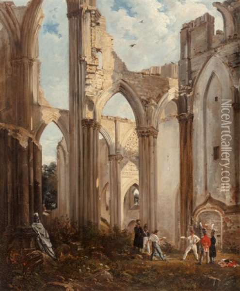 A View Of The Ruins Of Abbey Of St. Bertin, St. Omer, France, With A Duel Taking Place In The Foreground Oil Painting - Richard Parkes Bonington