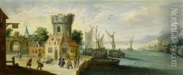 Flamischer Hafen Mit Der Biblischen Szene: Christus Trifft Petrus Oil Painting - Jan Brueghel the Elder