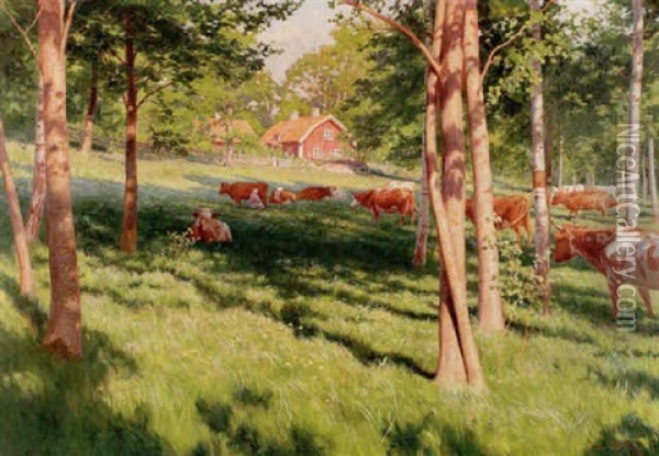 Kvallsmjolkning I Sommarhagen Oil Painting - Johan Fredrik Krouthen