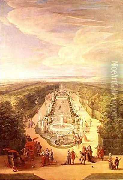 Perspective View of the Grove from the Galerie des Antiques at Versailles 1688 Oil Painting - Jean-Baptiste Martin