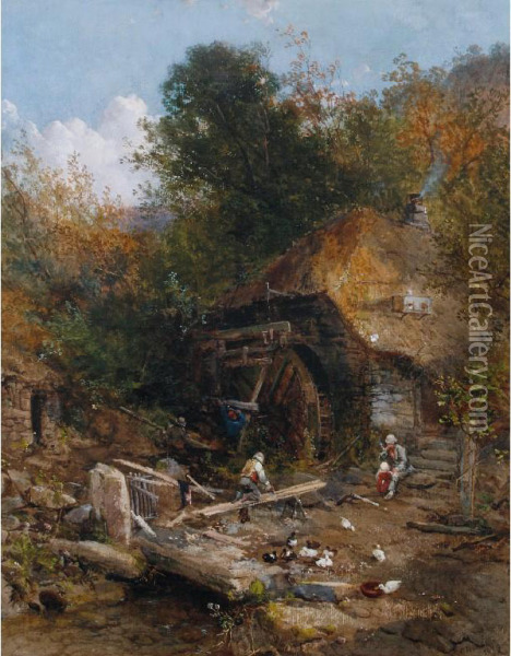 Figures Working On A Mill Wheel Oil Painting - Charles Brooke Branwhite