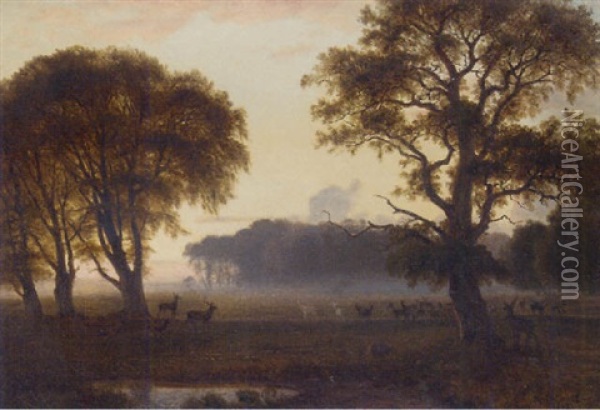 Deer Grazing In A Park At Dusk Oil Painting - Nordahl (Peter Frederik N.) Grove