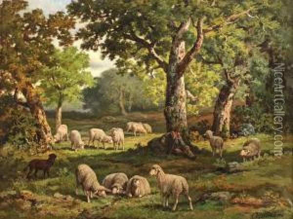 Bergere Et Ses Moutonsen Foret De Fontainebleau Oil Painting - Charles Ferdinand Ceramano
