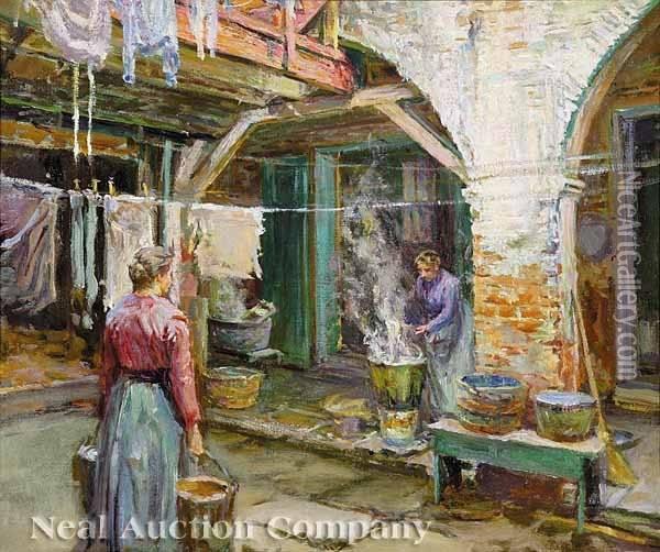Wash Day, Vieux Carre Courtyard Oil Painting - Robert Wadsworth Grafton