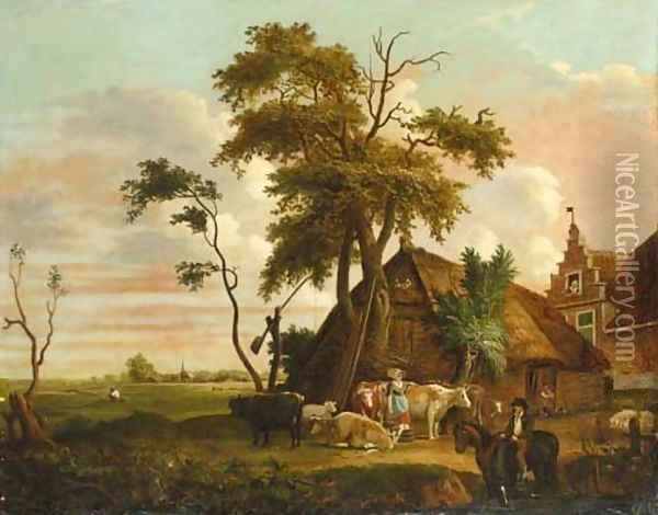 Figures with cattle before a farm Oil Painting - Dutch School