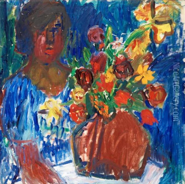 Woman With Flowers Oil Painting - Ivan Ivarson