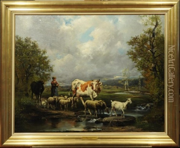 Le Passage Du Gue, Vache, Moutons Et Chevres Oil Painting - Theodore Levigne