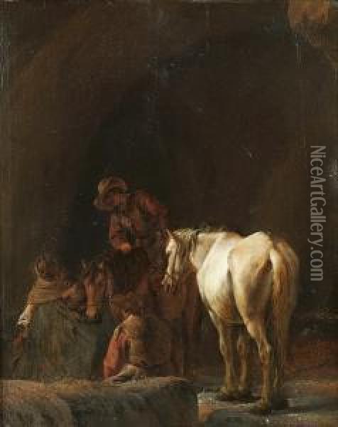 Figures And Horses Resting Inside A Cave Oil Painting - Pieter Cornelisz. Verbeeck