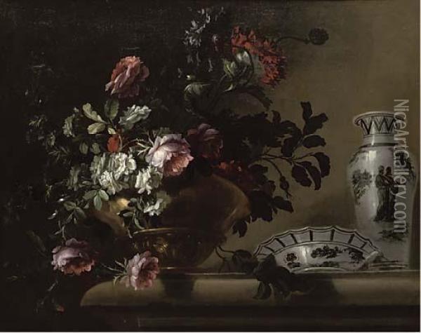 Red And White Roses In A Brass Urn With A Porcelain Bowl And Vase On A Stone Ledge Oil Painting - Charles Gilles Dutillieu