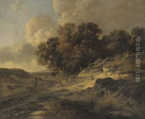 A Woodside Track With Travellers And Dogs Oil Painting - Jan Wijnants