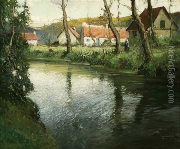 Cottages In Normandy River Landscape Oil Painting - George Ames Aldrich
