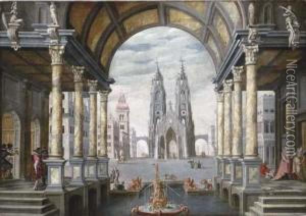 A Capriccio With Elegant Figures
 In An Arched Colonnade, A Town Square And A Church Beyond Oil Painting - Hans Vredeman de Vries