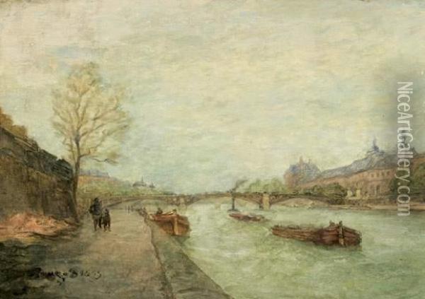 La Seine Au Louvre
 Huile Sur Panneau, Signee En Bas A Gauche Oil Painting - Frank Myers Boggs