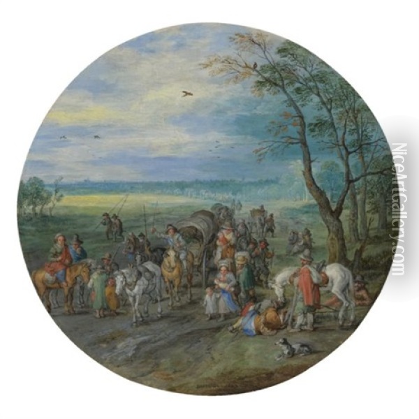 A Landscape With Travellers On A Road Passing A Small Copse Oil Painting - Jan Brueghel the Elder