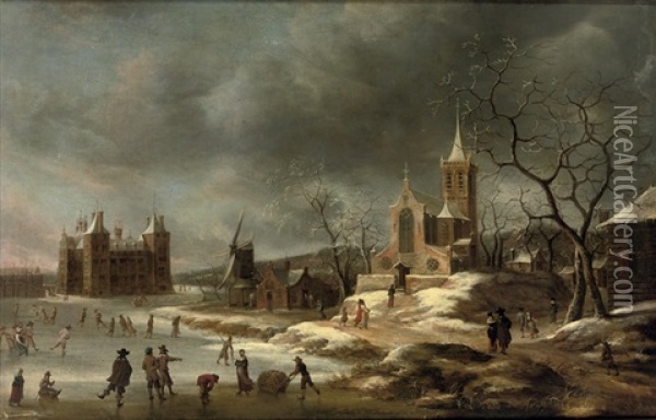 A Winter Landscape With Activities On The Ice Near Castle Buren, In Gelderland Oil Painting - Jan Abrahamsz. Beerstraten