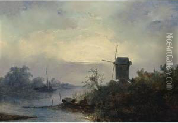 A Fisherman By A Wind Mill At Moonlight Oil Painting - Johannes Franciscus Hoppenbrouwers