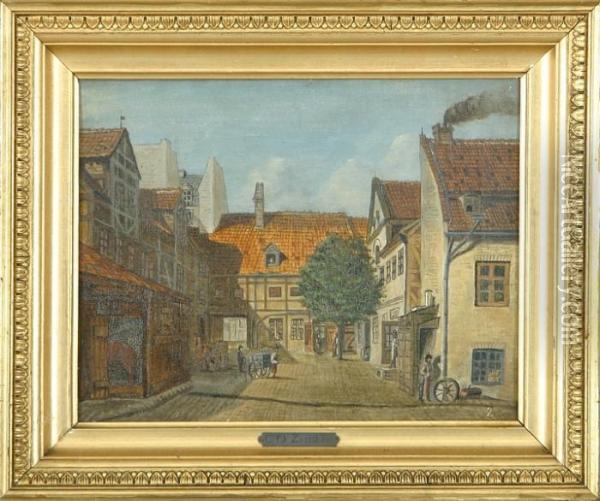 Street Scenery With Houses And Figures Oil Painting - Christian Olavius Zeuthen