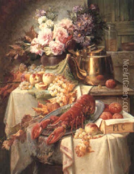Still Life With A Lobster, Fruit And Flowers Oil Painting - Max Carlier