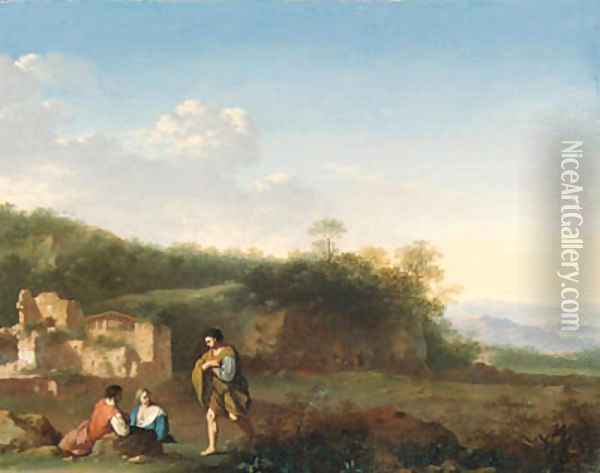 An Italianate landscape with peasants resting in the foreground, a ruined villa beyond Oil Painting - Cornelis Van Poelenburgh