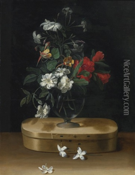 Vase Of Flowers On A Chipboard Box Oil Painting - Jean-Michel Picart