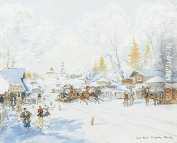 Village Russe Sous La Neige Oil Painting - Konstantin Alexeievitch Korovin