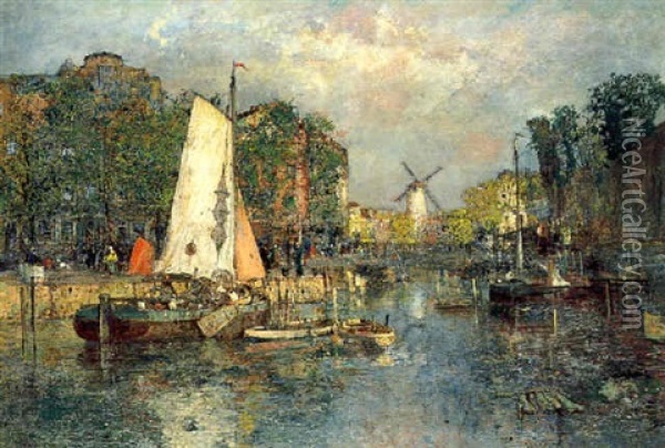 Kanal Bei Rotterdam Oil Painting - Robert Russ