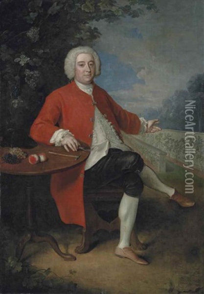 Portrait Of Ralph Crathorne Of Ness Hall, North Riding, Yorkshire, Seated At A Table In A Landscape Oil Painting - Philip Mercier