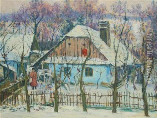 Winter In A Village Oil Painting - Frantisek Kavan