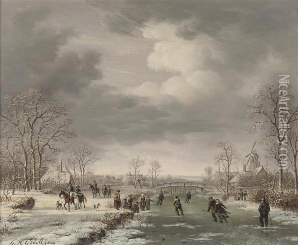 Skating On The Outskirts Of A Village In Winter Oil Painting - Gerrit Hendrik Gbell