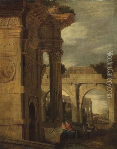 An Architectural Capriccio Of Roman Ruins, With The Rest On The Flight To Egypt Oil Painting - Jean (Lemaire-Poussin) Lemaire