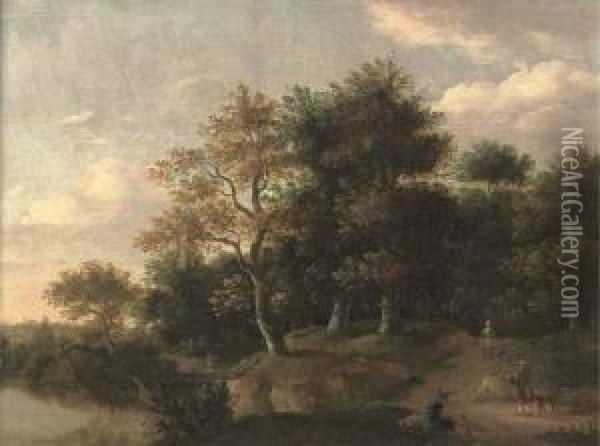 A Wooded River Landscape With Figures On A Track Oil Painting - Roelof van Vries