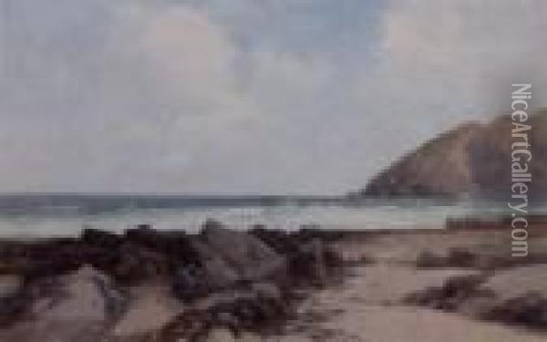 Lynmouth Bay And Foreland Point, North Devon Signed, Bodycolour Oil Painting - Frederick John Widgery