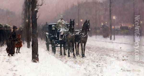 Street Scene with Hansom Cab Oil Painting - Childe Hassam