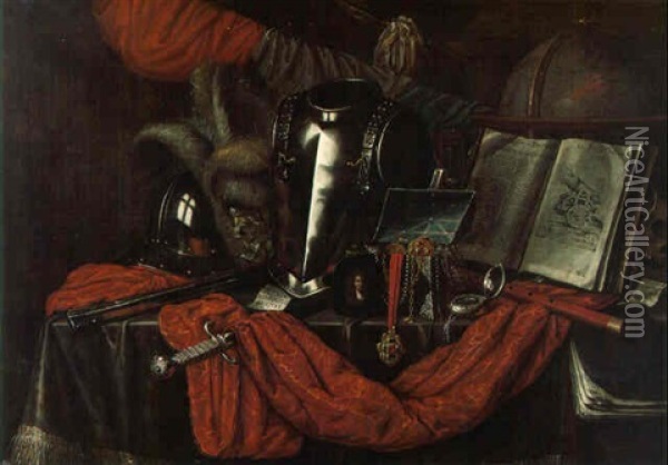 A Suit Of Armor, A Sword, A Rifle And Other Objects On A Draped Table Oil Painting - Edward Collier