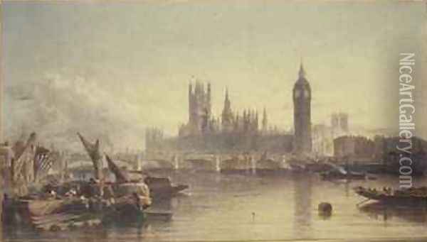 The Houses of Parliament and Westminster Bridge Oil Painting - Edward Angelo Goodall