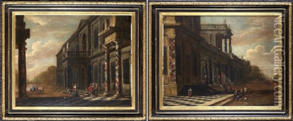 Palatsexteriorer Med Figurer (pair) Oil Painting - Jacob Ferdinand Saeys