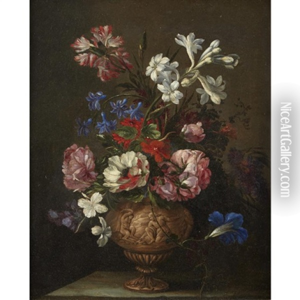 A Still Life Of Roses, Hyacinths And Other Flowers In An Ornamental Vase Depicting The Flaying Of Marsyas Oil Painting - Nicolas Baudesson