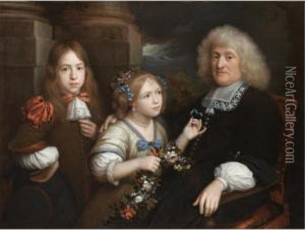 A Family Portrait With A Father Seated In A Landscape Together With His Son And Daughter Oil Painting - Wallerand Vaillant