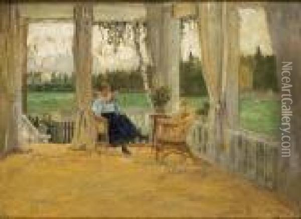 Woman Reading On A Veranda Oil Painting - Sergey Arsenievich Vinogradov