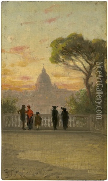 Blick Von Der Terrasse Des Pincio Auf St. Peter In Rom Im Abendlicht Oil Painting - Franz Alt
