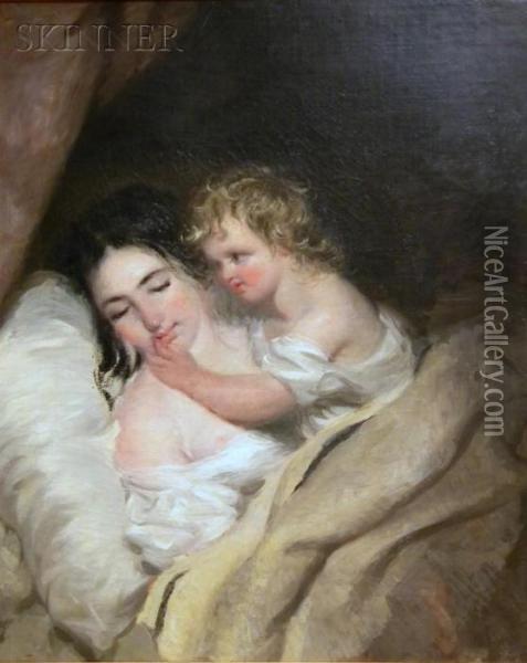 Sleepingmother Awakened By A Child Oil Painting - Thomas Sully