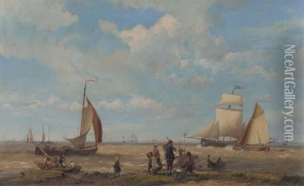 Shipping In A Breeze With Figures In The Foreground Oil Painting - Hermanus Koekkoek